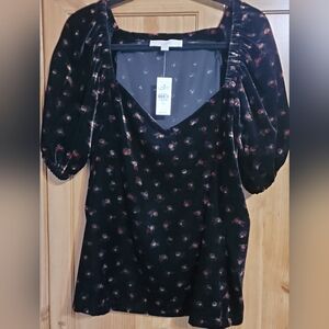 LOFT Black and Red Floral Velvet Top